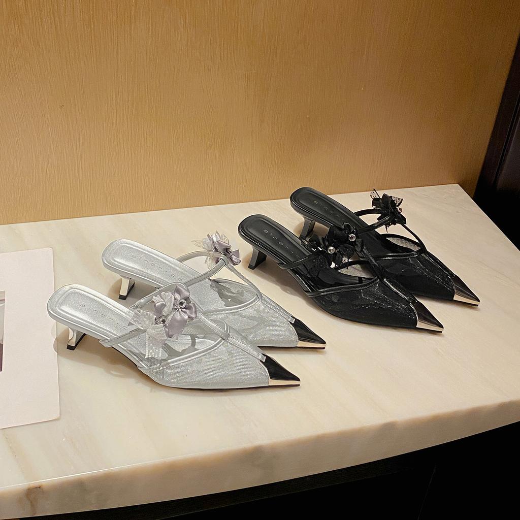 59016 High-heeled Slippers Women's Thick Heel 2025 New Bag Head Mesh Sandals Pointed Bow Light Mouth Single Shoes