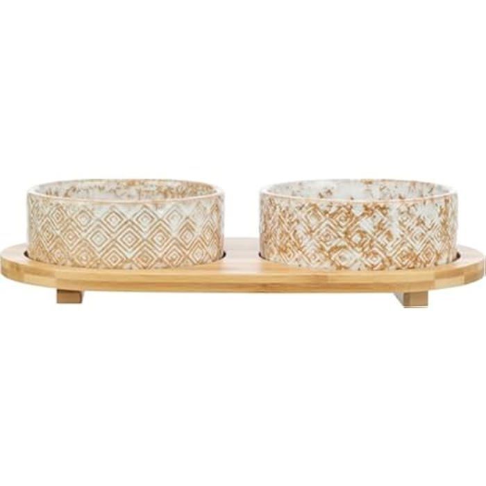 Ensemble gamelle/bol à eau - TRIXIE - Céramique/Bambou - 2 x 800 ml - Blanc/Naturel - 39 x 8 x 20 cm