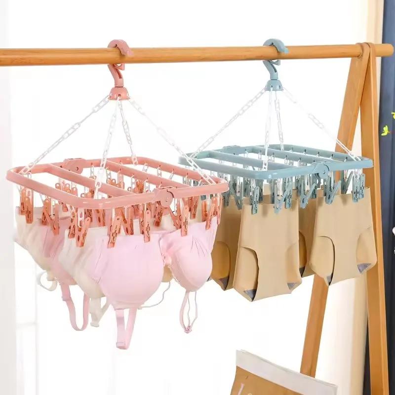 Clothes Drying Hanger 32 Clips Underwear Laundry Rack Foldable Socks Bracket Storage Organizers Windproof Clothes Horse Supplies