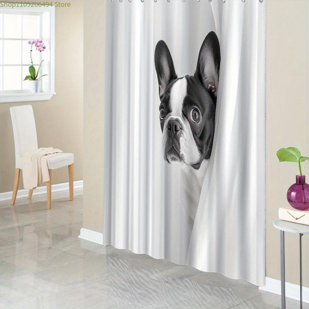 1pc Boston Terrier Dog Print Shower Curtain, Botanical Watercolor Style, Polyester, Washable, with 12 Hooks, 179.83x179.83 Cm,