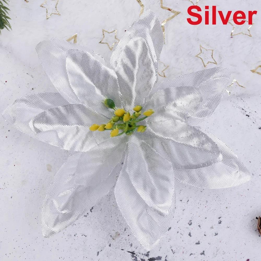 

Glitter Powder Large Silk Christmas Flowers 12-14cm Artificial Flower for Xmas Tree Ornaments Festive Home Party Decoration 5PCS