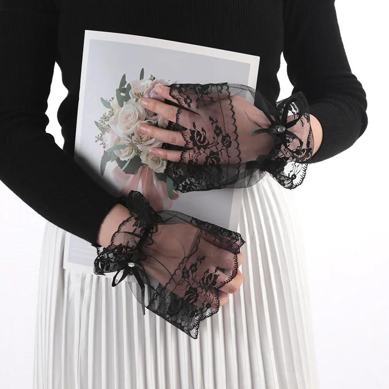 Women Gothic Lace Mesh Stretch Horn Cuffs Gloves Ruffled Detachable Fake Sleeves Wedding Party Sunshade Decorative Wrist Warmer