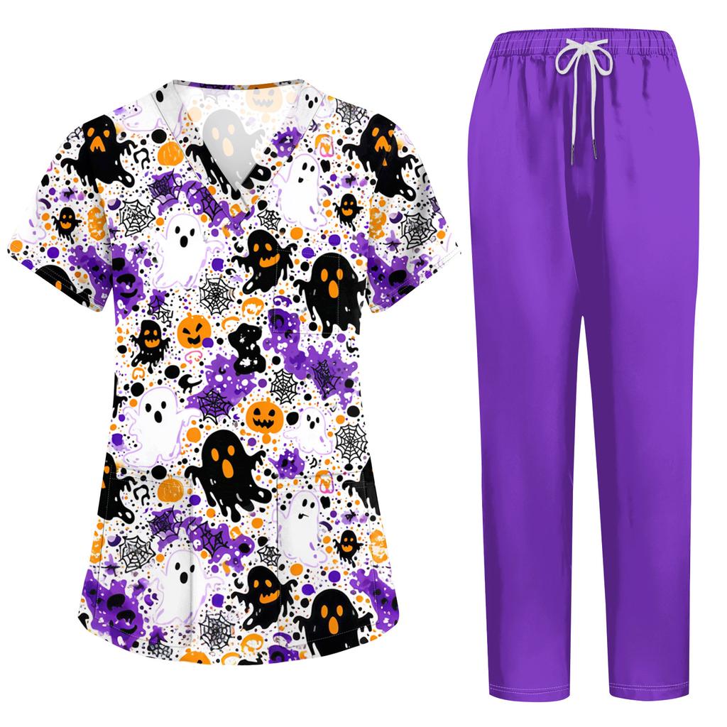 Damen Kostüm Set mit kurzen Ärmeln, Halloween-Print und Taschen - 2-teiliges Oberteil und Hose für Rollenspiele