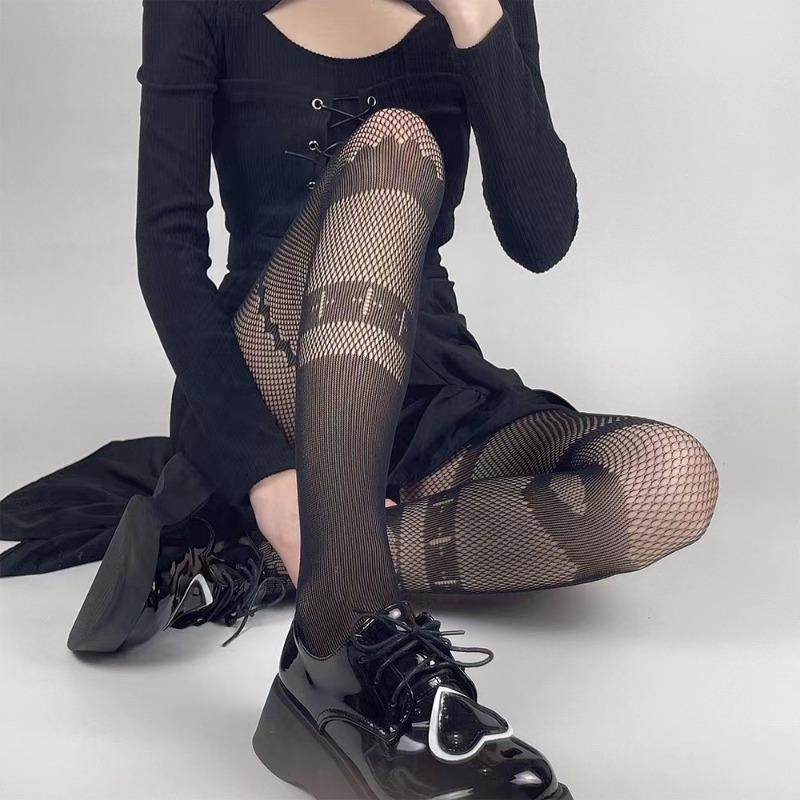 Gothic Lolita Girls Asymmetric AB Style Fishnet Tights Women Sexy Cross Patchwork Pattern Mesh Pantyhose Japan Punk Goth Hosiery