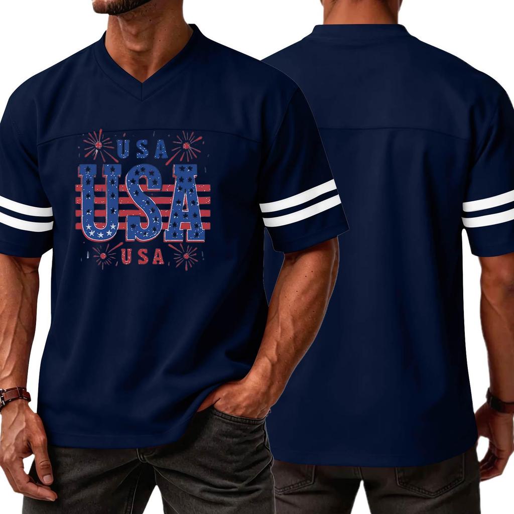 Men V Neck Casual Short Sleeve Sports T Shirt with USA Print Athletic Fit Comfortable Lightweight Top for Daily Wear