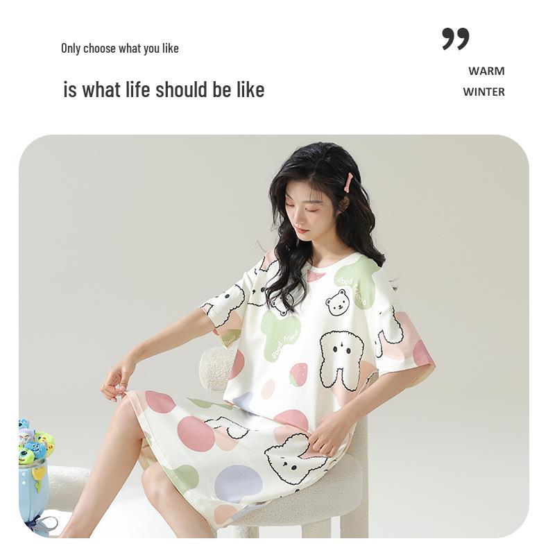 Women's Cartoon Cotton Nightgown with Bra Pads - Short Sleeve, 2024 Summer Style Pajamas