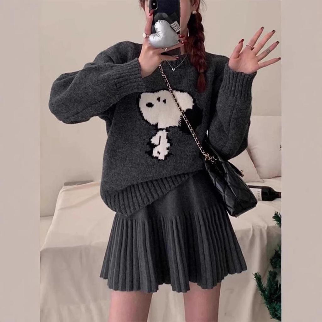 Gray High-Waist Elastic A-line Pleated Knit Skirt for Women - Slimming, Versatile, Short Skirt for Spring and Autumn.
