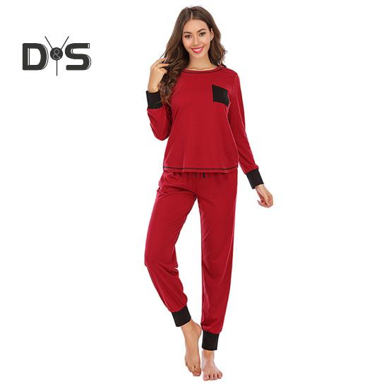 

2 шт./комплект весенний женский топ и брюки костюм с длинными рукавами круглый вырез топ эластичный пояс свободные брюки наряд домашняя одежда пижама комплект ночная рубашка комплект XL вино красного