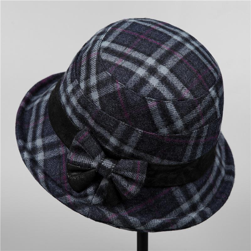 Mid-autumn Winter Hat Ladies Warm Thickened Woolen Basin Hat Plaid Bucket Hat