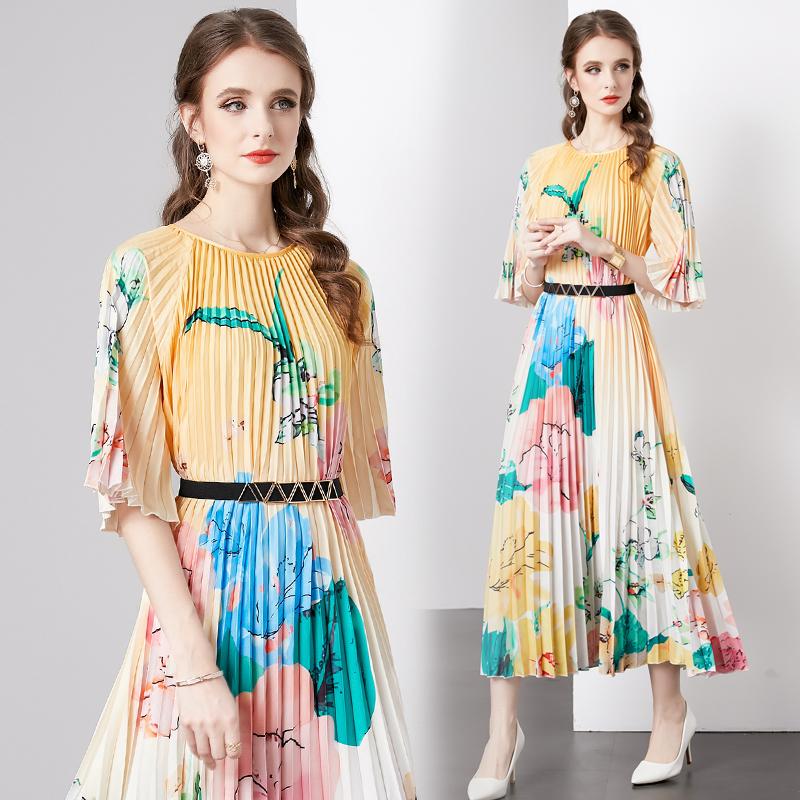 

Летние женские элегантные свободные длинные макси-плиссированные платья с коротким рукавом и принтом с поясом One Size жёлтый