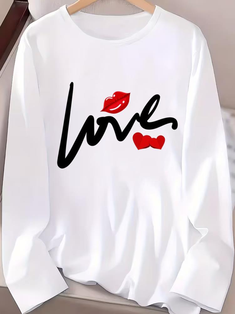 (Asian Size) Women T Shirt Tee Lady Printed watercolor love style Female Clothing Casual Fashion Top Long Sleeve  Graphic T-shirts