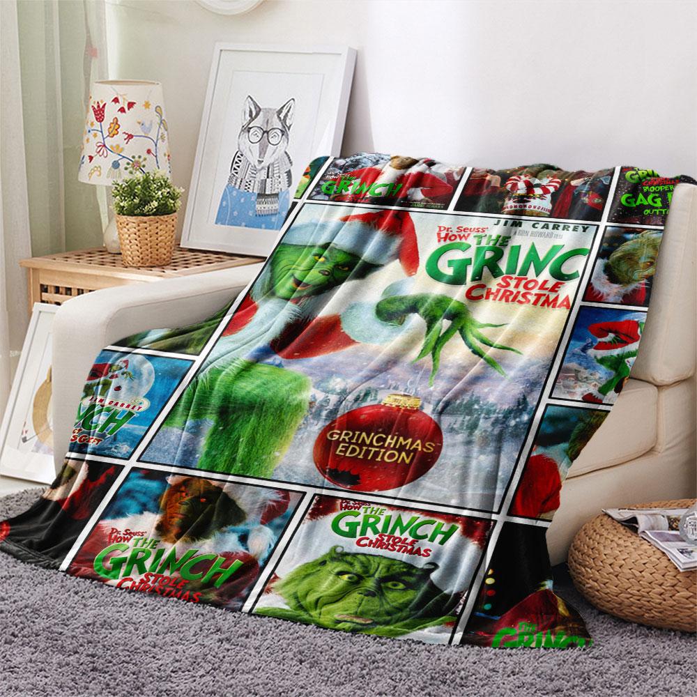 Couverture Flottante Imprimé Dessin Animé Grinch de Noël Couverture Chaude pour Chambre à Coucher, Canapé, Camping Cadeaux pour la Famille et les Amis-MJ019