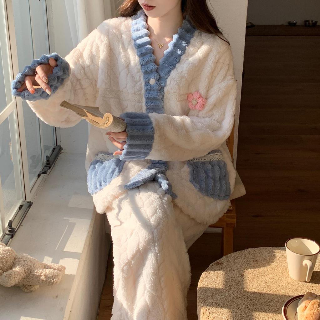 Women's Coral Fleece Pajamas - Warm, Thick, & Sweet Flannel for Fall/Winter, Wear Indoors/Outdoors
