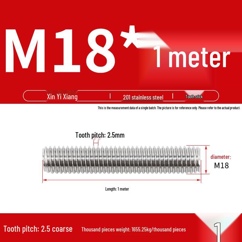 304 Stainless Steel Full Threaded Rod, 1 Meter, available in sizes M3, M6, M8, M10, M12.