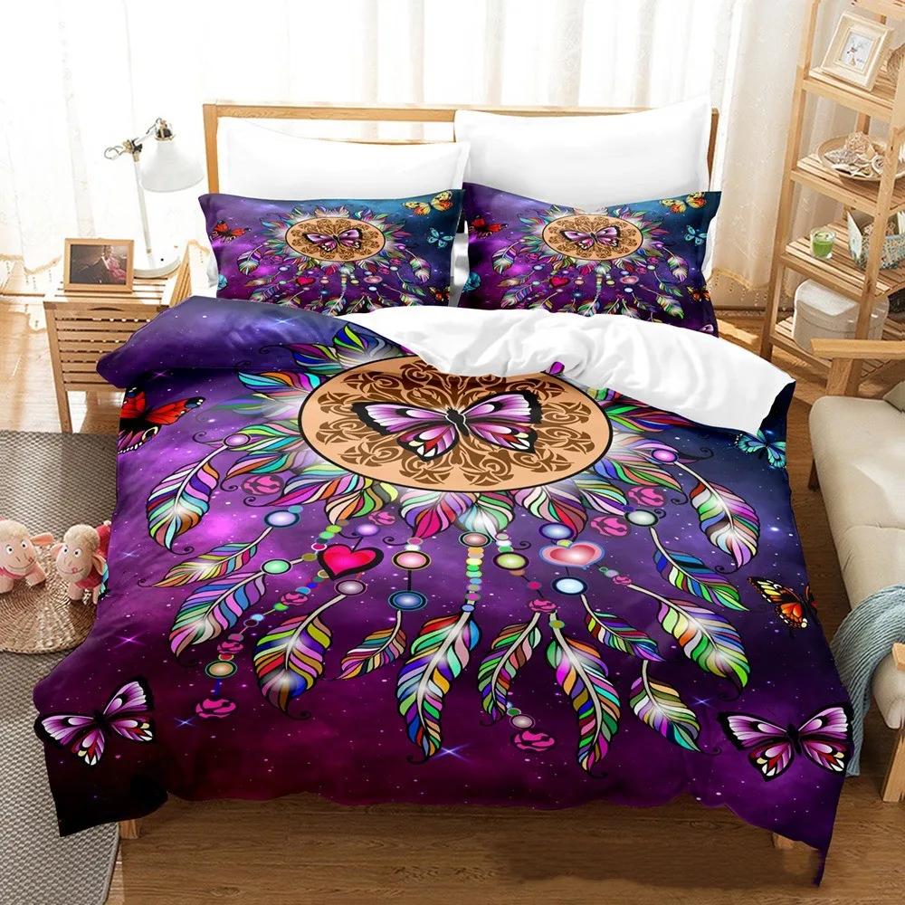 Dreamcatcher Bed Cover Set Luxury For King Size Print Bohemian Style Purple Pink Butterfly Feather Comforter Bedding Set Mandala