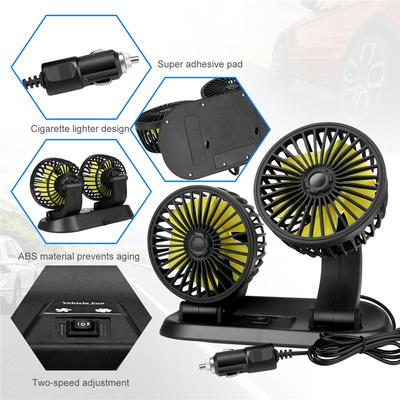 New 12V Black Car Folding Dual Head Fan 360° Rotatable Auto Cooler Air Fan Low Noise