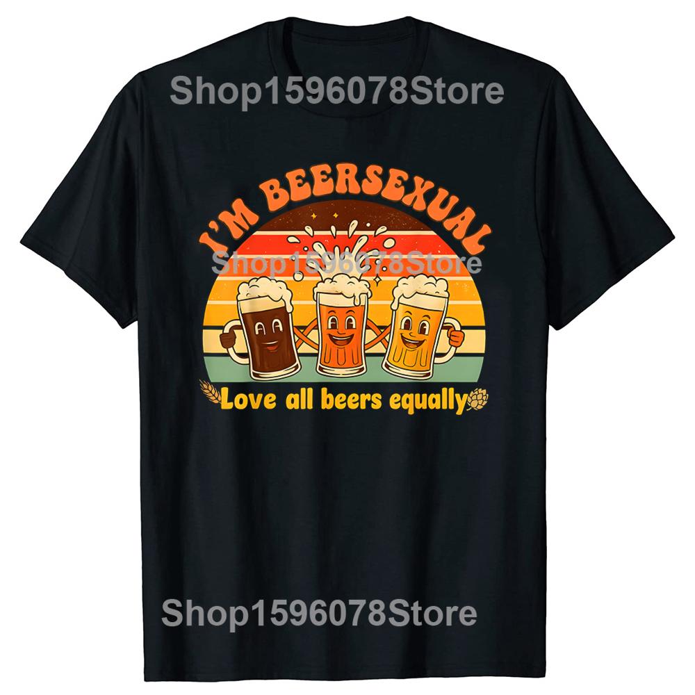 Im Beersexual Retro Funny Beer Lover Drinking T Shirts Humor Streetwear Tee Shirt Short Sleeve Unisex Loose Crewneck Clothing