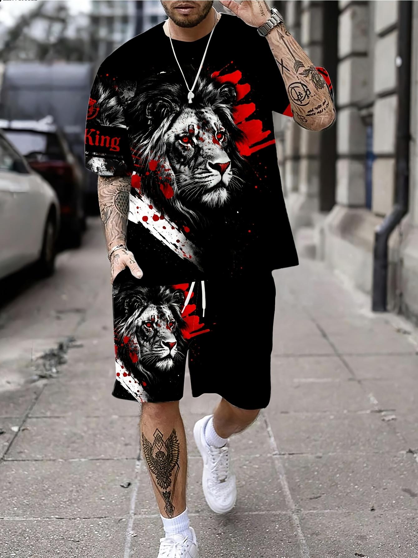 Men Digital Print Crew Neck T-Shirt Shorts 2Pcs Set S