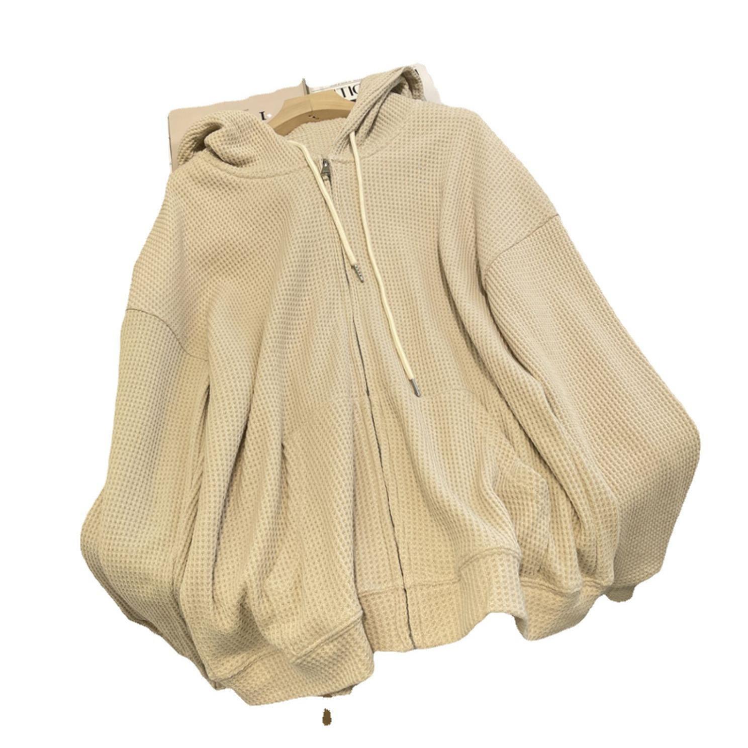 

Толстовка с капюшоном из вафельной ткани для женщин, осень, новый свободный тонкий нишевый дизайн, весенне-летняя куртка для женщин, кардиган на молнии XXL