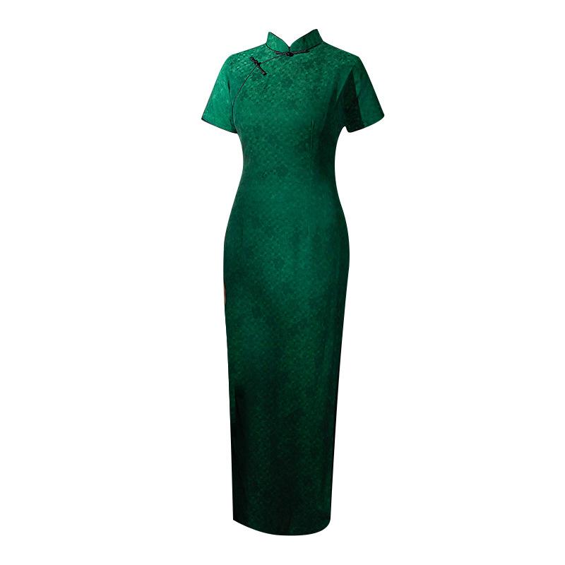 Green jacquard cheongsam new high-end temperament catwalk long summer women improved retro elegance daily wear 1011