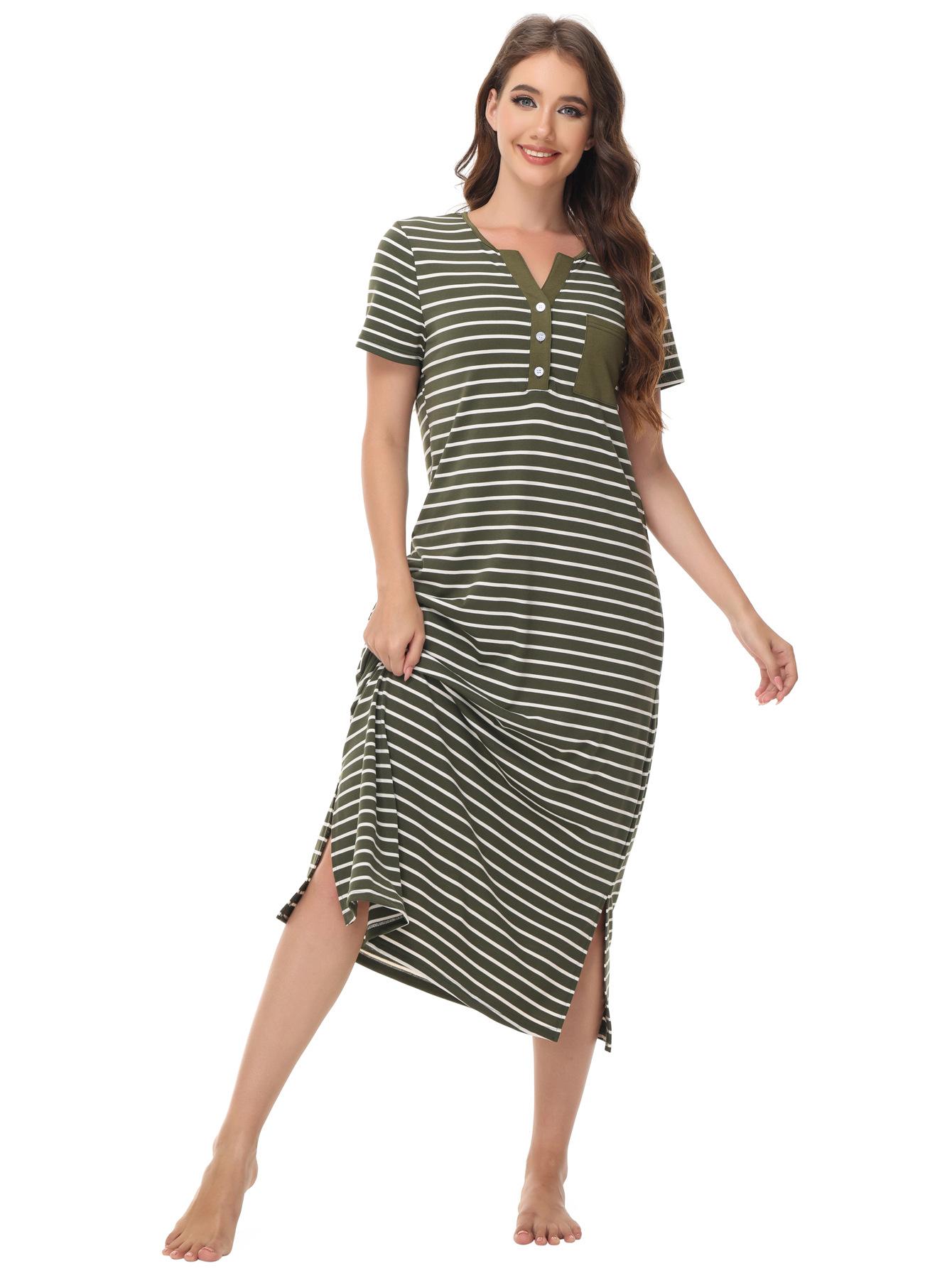 

Летняя женская одежда для отдыха в полоску с круглым вырезом и пуговицами, свободная мягкая и удобная одежда для сна, длинное платье XXL армия зеленый
