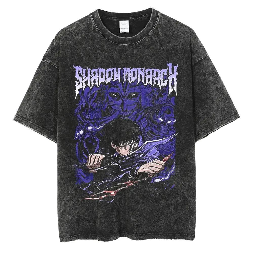 Hot Summer Anime Solo Leveling Sung Jin Woo Print T-shirt Women High Quality Washed Cotton T-shirts Harajuku Plus Size T Shirt