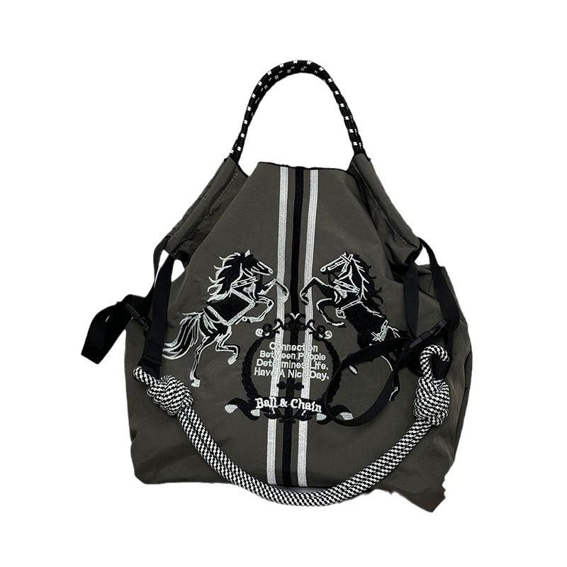 Large Capacity Women's Embroidered Foldable Tote & Crossbody Nylon Handbag