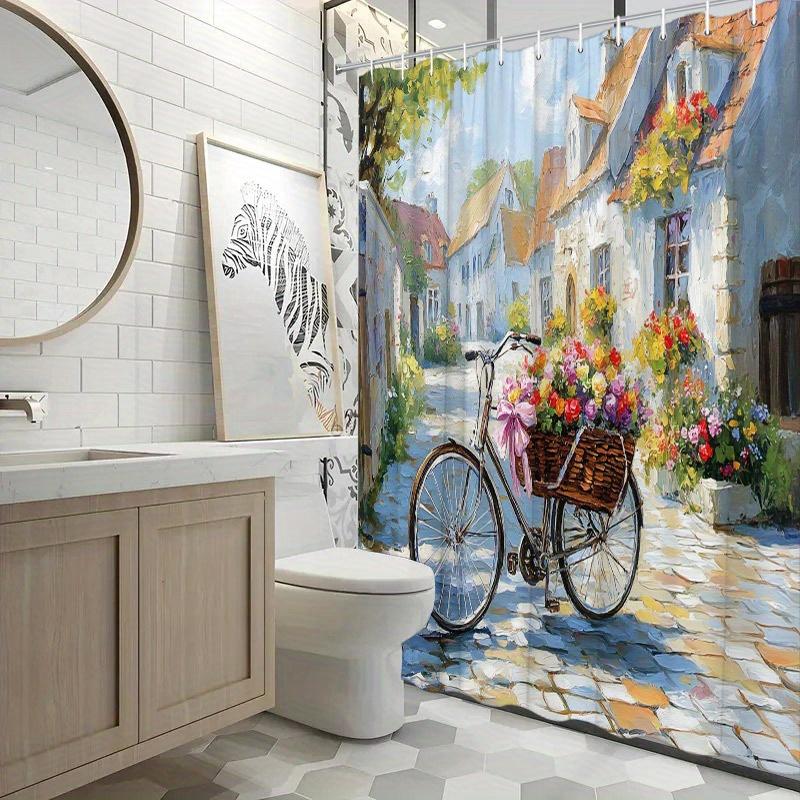 European Village Shower Curtain - Cobblestone Street, Colorful Flower Baskets, Quaint Houses, 70.8x70.8", Polyester, Washable