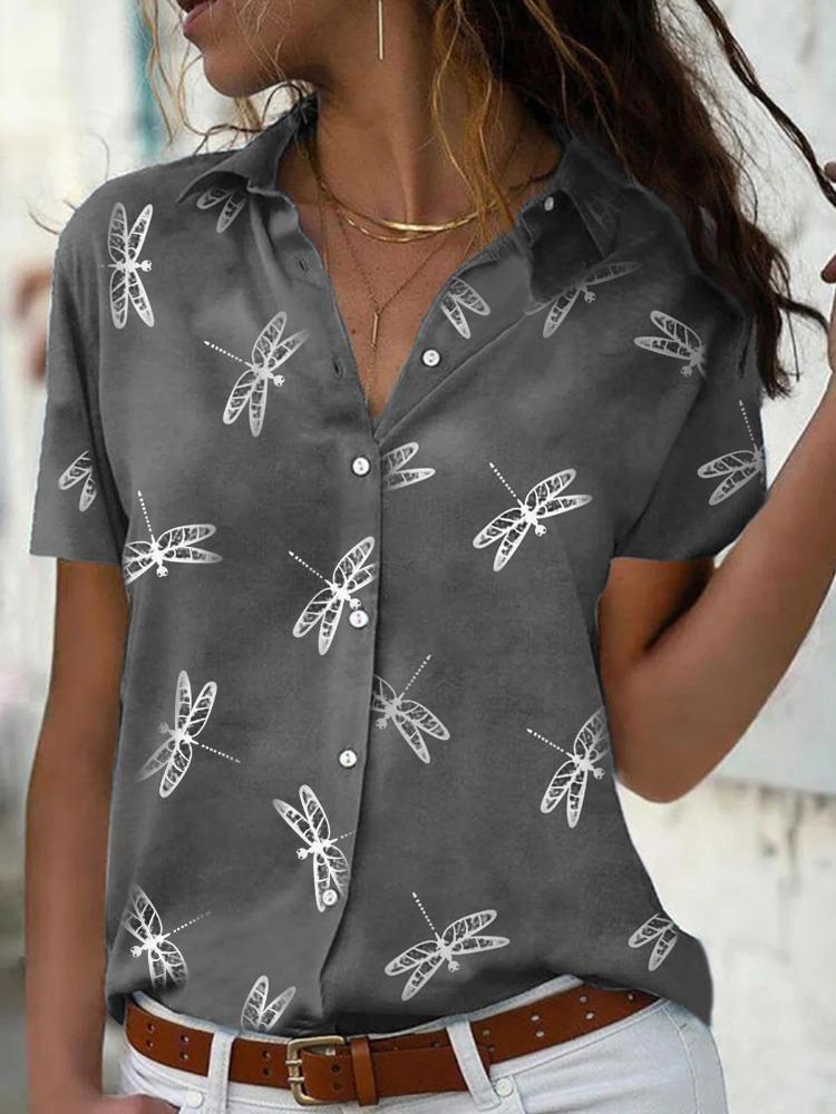 Women's Short Sleeve Summer Shirt with Dragonfly Flower Print