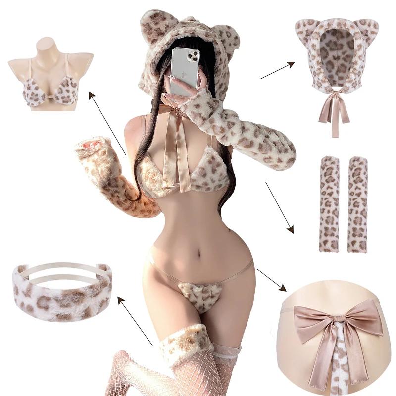 FASHION Kawaii Cat Woman Costume Japanese Lingerie Cosplay Sexy Naughty Kitty Leopard Fuzzy Bra Panties Bikini Uniform Roleplay Set