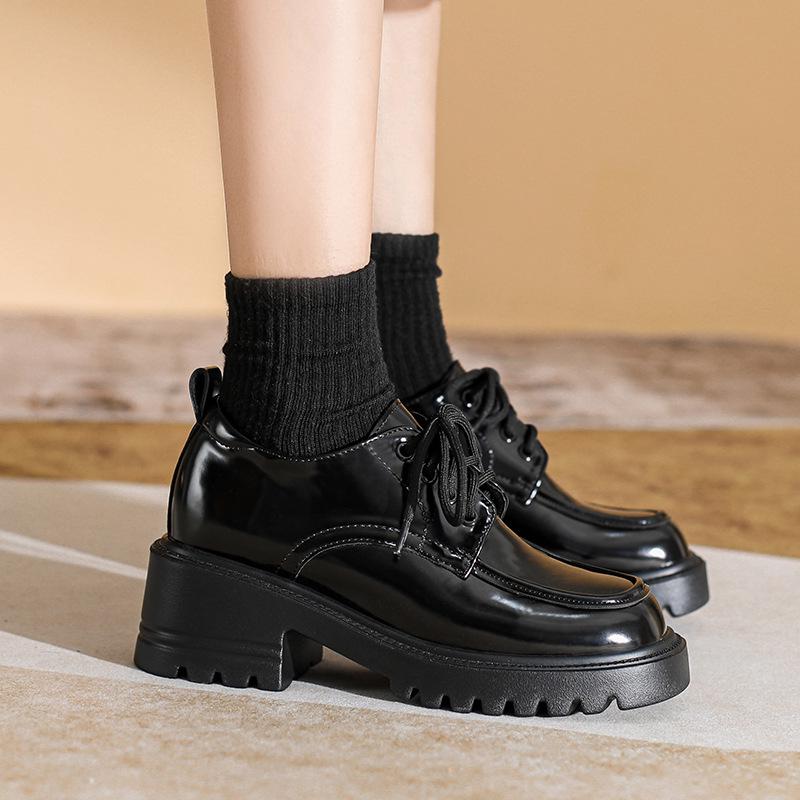 Women's 8cm Height-Increasing Leather Loafers - Chunky Heel, Lace-Up, Square Toe, Spring/Autumn Style