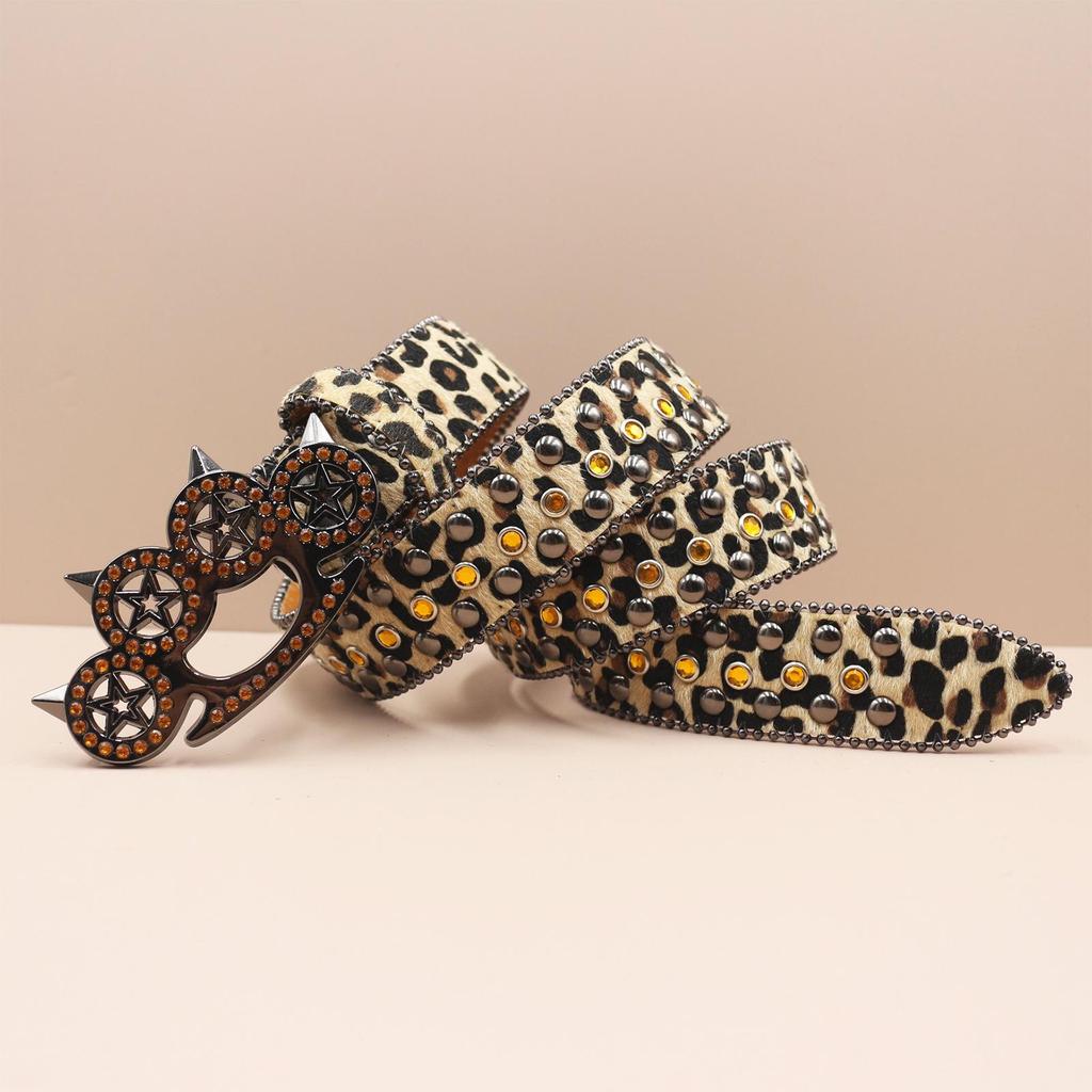 Leopard Print Rhinestone Knuckle Duster Punk Belt - Y2K European & American Style Women's Decorative Accessory