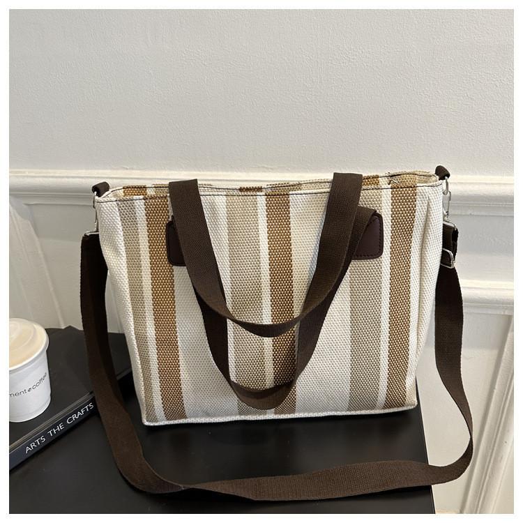 Large Capacity Striped Canvas Tote Bag Autumn Winter 2023 New Street Style Casual Shoulder Crossbody Bag