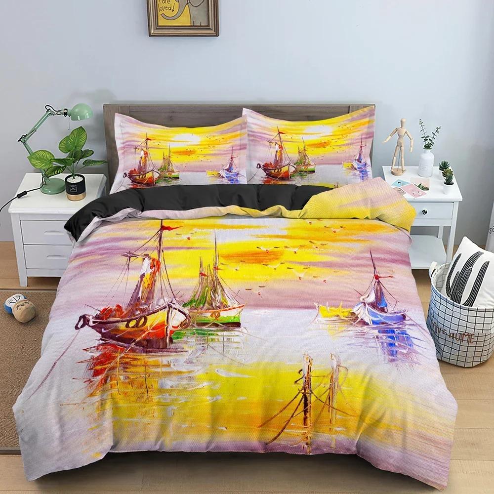Watercolor Sailboat Bedding Set Bedclothes King Queen Twin Duvet Cover Set With Pillowcase 3D Luxury Quilt Covers