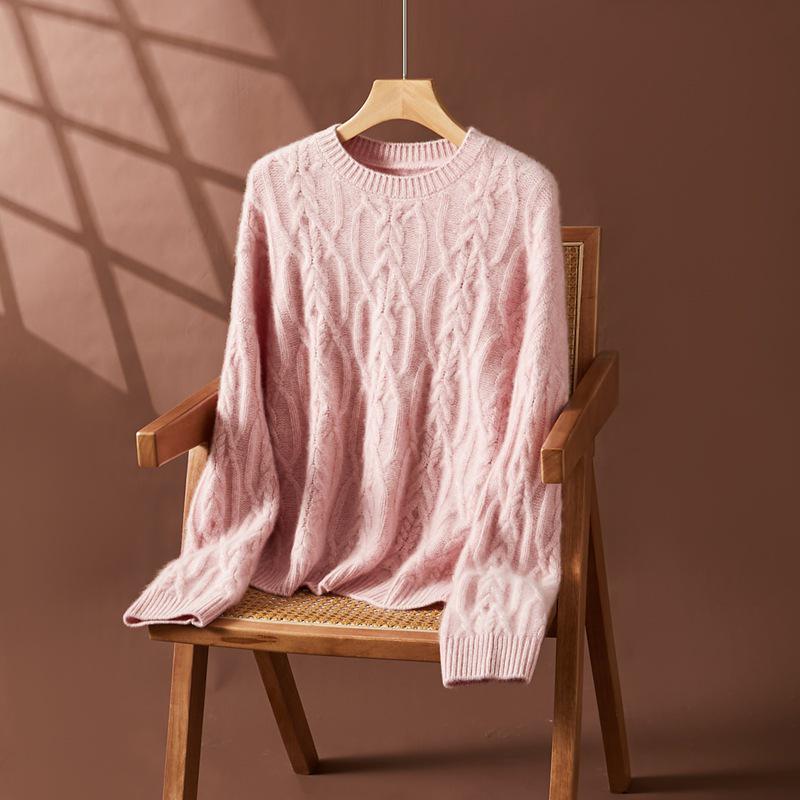 

Женский Тяжелый Утолщенный Кашемировый Свитер Крупной Вязки Косичками - Красный, Круглый Вырез, Свободный Крой, Пуловер на Осень/Зиму. One Size