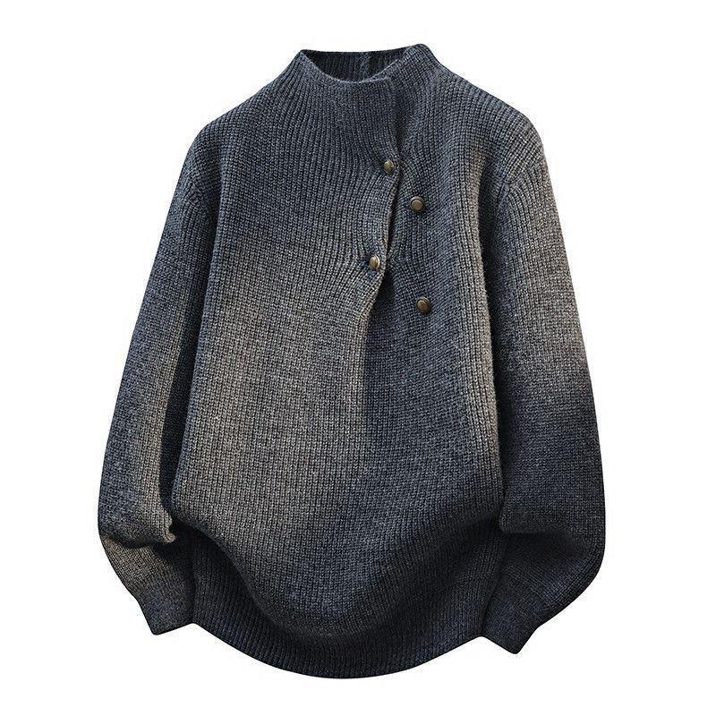 2025 Button-Design High Neck Gray Knit Sweater: Retro Loose Fit for Autumn/Winter