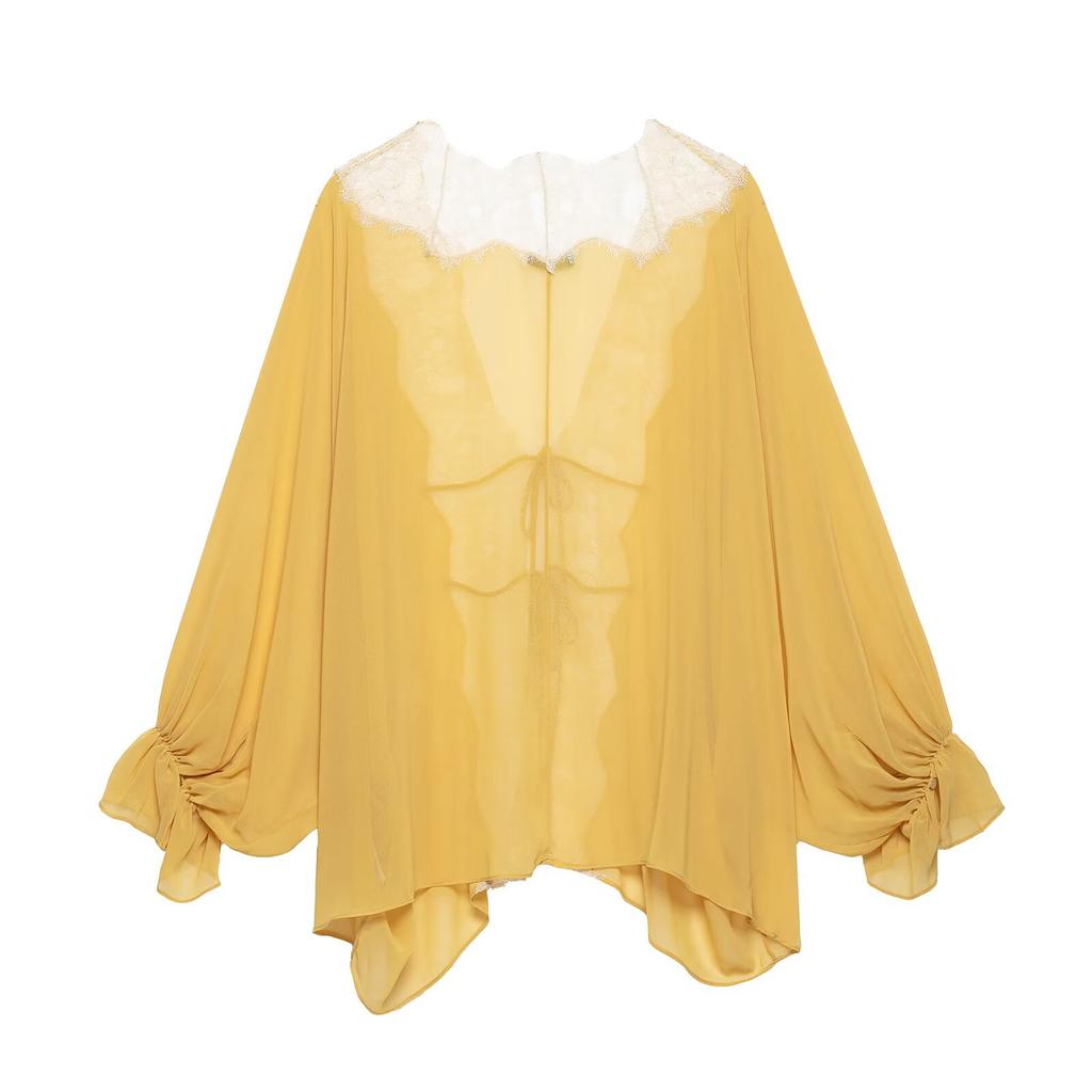 European and American style new women's fashionable long-sleeve asymmetrical transparent lace shirt