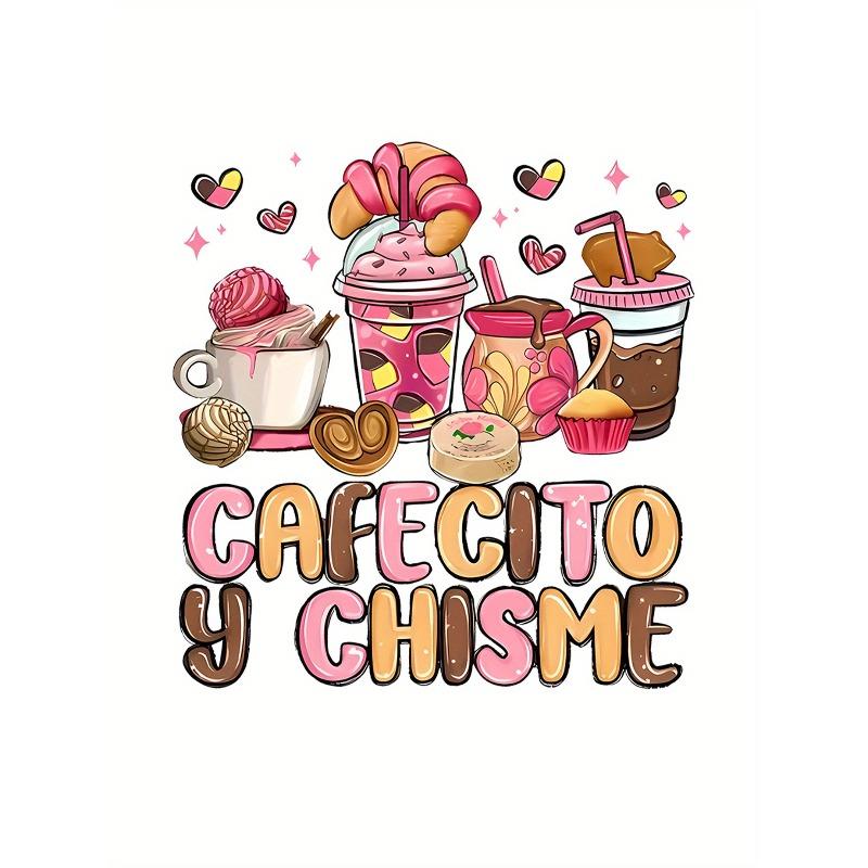 European size 1pc Women'S Casual Round Neck Short Sleeve T-Shirt with "Cafecito y Chisme" Dessert Graphic Print