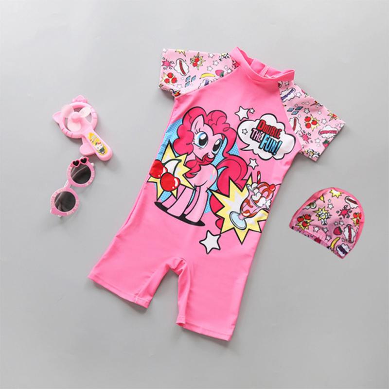 Baby Kids Girl Cartoon Lovely Pink Horse Swimming Suit with Hat