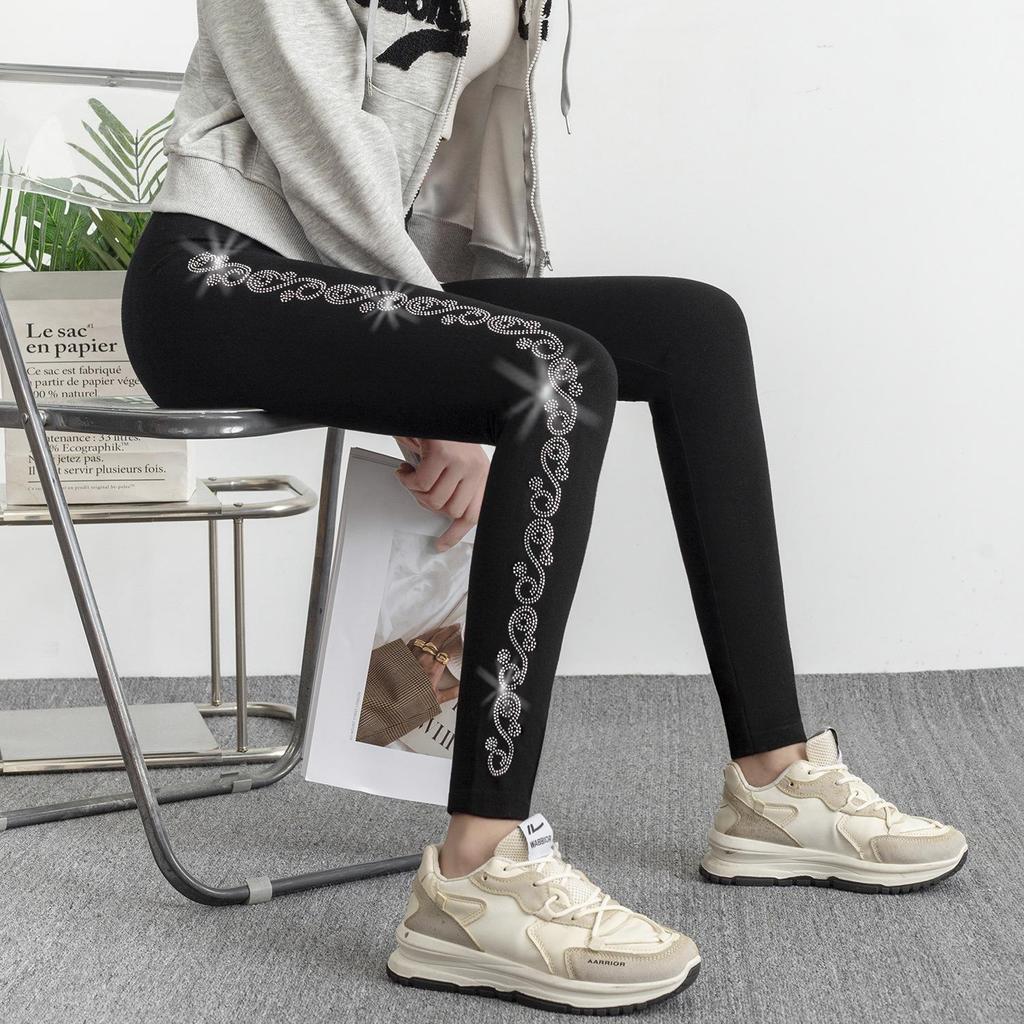 Shiny Rhinestone Side Stripe Modal Leggings - High Elasticity Yoga Pants for Women.