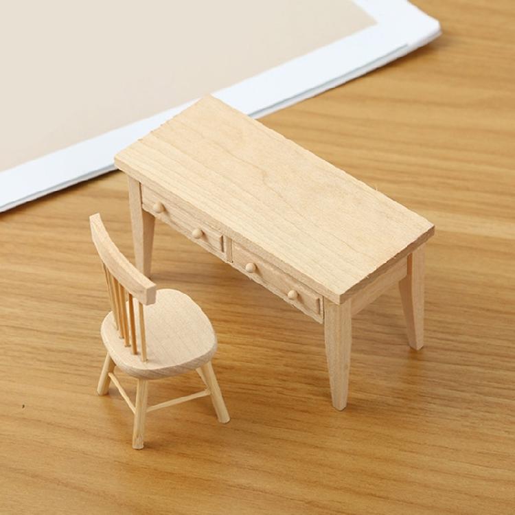 Miniature Reading Room Furniture Set with Table and Chair Unpainted Design for 1/12 Scale Dollhouses Display Decoration