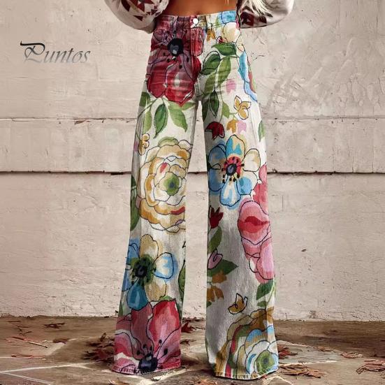 Dame Retro Casual Bukser Middels høyde Knapp Glidelåsgylf Vidt ben Lange Bukser med Lommer Digitalt Blomsterprint Fritidsbukser Streetwear