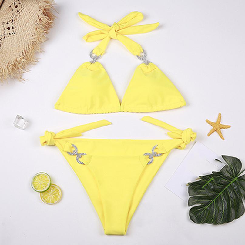 Kadın Moda Yaz Plaj Seksi Bikini Halter Dantel Up Bayanlar Düz Renk Mayo Ayrı Mayo Seti