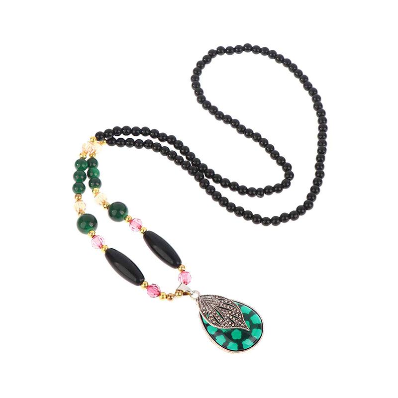 

Fashion Black Beads Chain Long Necklaces Green Stone Water Drop Pendant Necklace Sweater Chain Jewelry For Women Gift one size