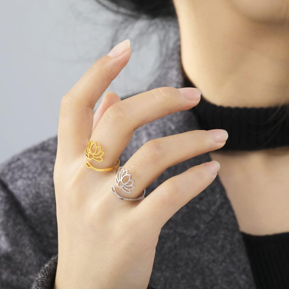 Dreamtimes Lotus Flower Rings for Women Encouragement Lotus Flower Adjustable Vintage Buddha Yoga Wedding Mother Bague Gift