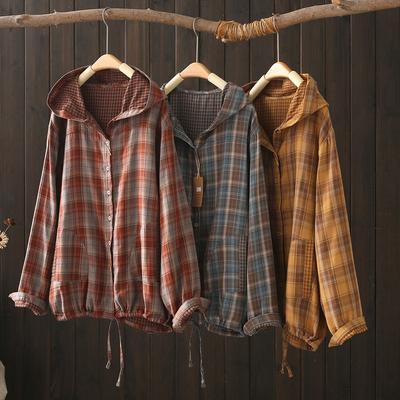 Pure Cotton Yarn Loose Hooded Plaid Shirts for Women Autumn Spring Casual Blouses Females Hoodies Classic Jacket Outwear
