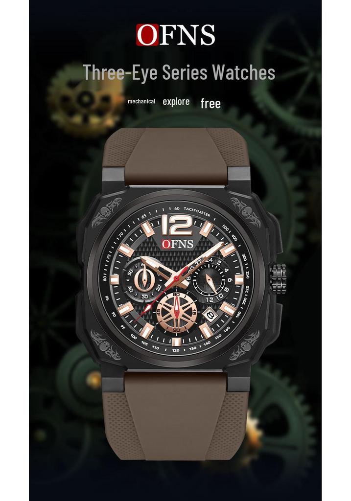 OFNS Men's Classic Square Chronograph Watch: Multifunctional Sports Fashion with Single Calendar, Six-Needle Quartz Movement.