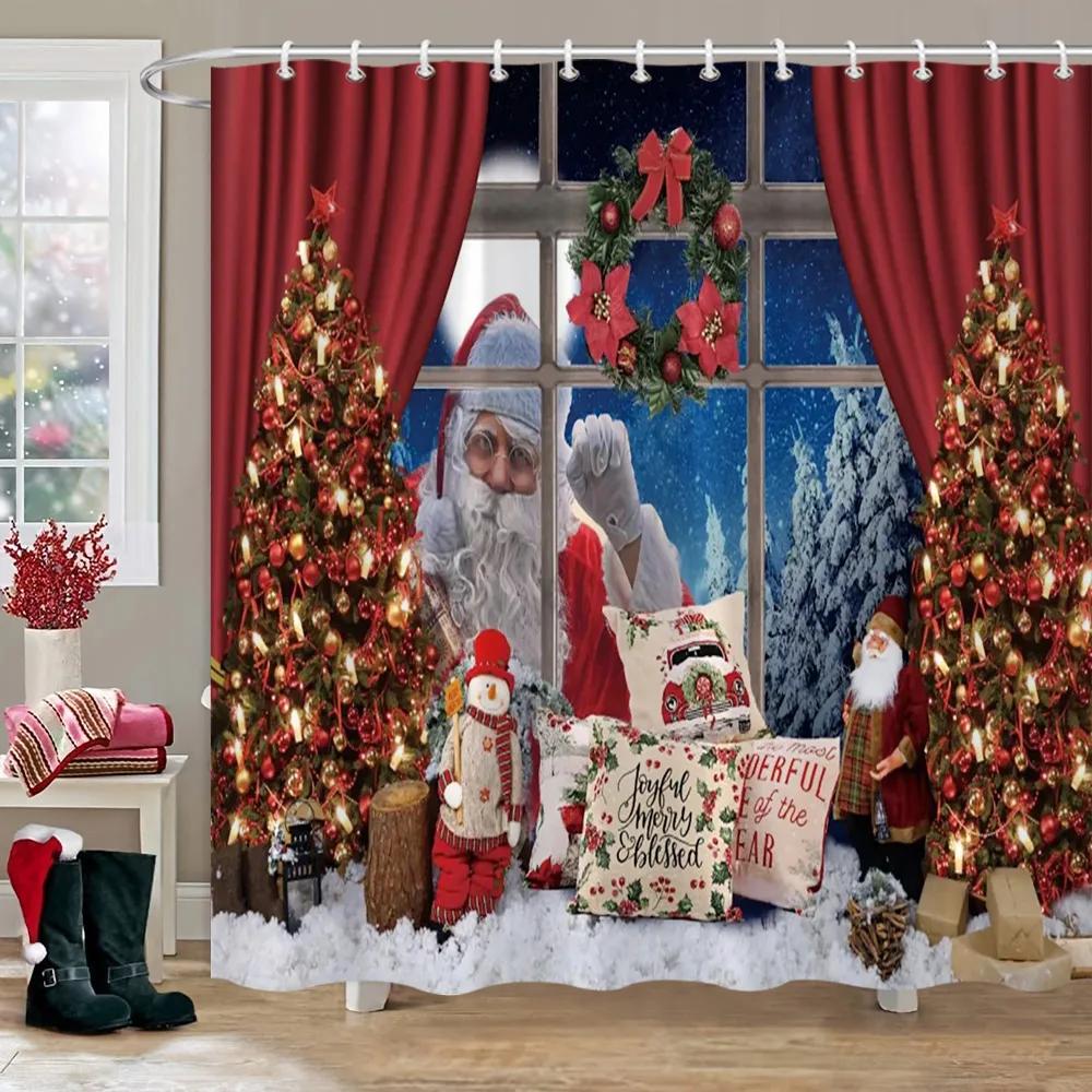 Weihnachtsparty Duschvorhänge Kamin Weihnachtsbaum und Geschenke Schneemann Schneeszene Waschbarer Duschvorhang Kunst Badezimmer Dec