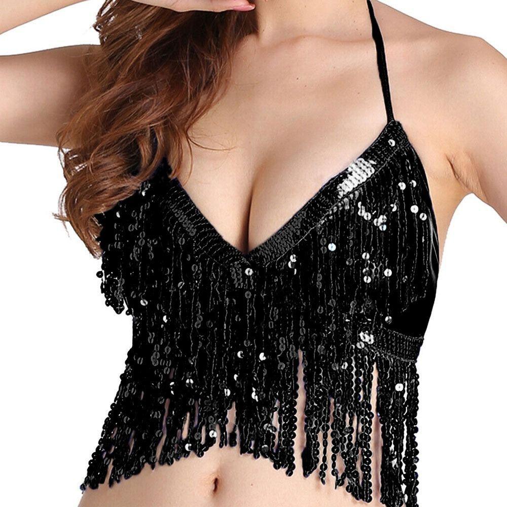 Polyester Halter Bra Tassel Belly Dancing Outfits for Women Girls Dance Crop Tops Festival Rave