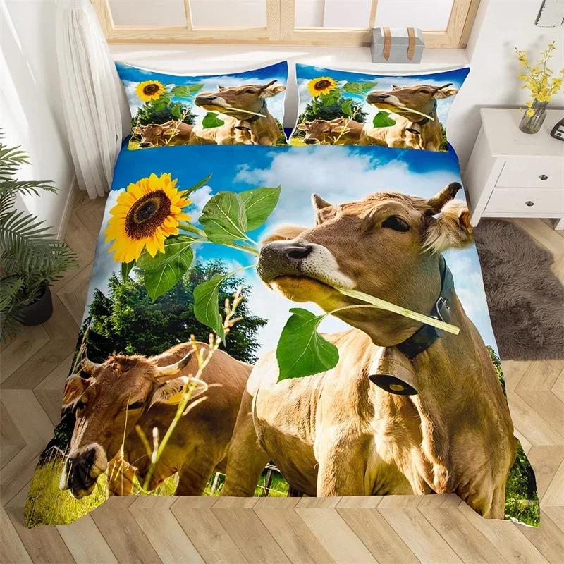 Hochlandrind Bettbezug Bulle Sonnenblume Kuh Bettwäscheset Queen Für Jungen Männer Mikrofaser Wildtiere Bauernhaus Tier Bettdeckenbezug